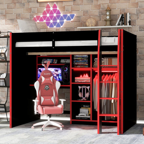English Elm Full Size Loft Bed with Rgb Lighting Desk Open Wardrobe and Storage for Gaming Rooms Red LT000277AAR