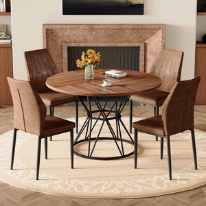 English Elm Table and Chair Set Walnut Round Dining with Hourglass Base Four Fabric Seats W1151S04859