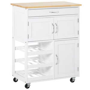 English Elm HOMCOM Mobile Kitchen Island Cart with Butcher Block, 9-Bottle Wine Rack, Cabinets & Drawer, White W2225P173896