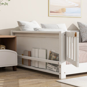 English Elm Twin Size Floor Bed With Integrated Book Rack & Cozy Nook For Imaginative Kids’ Bedrooms, White W504P345769-GIGA