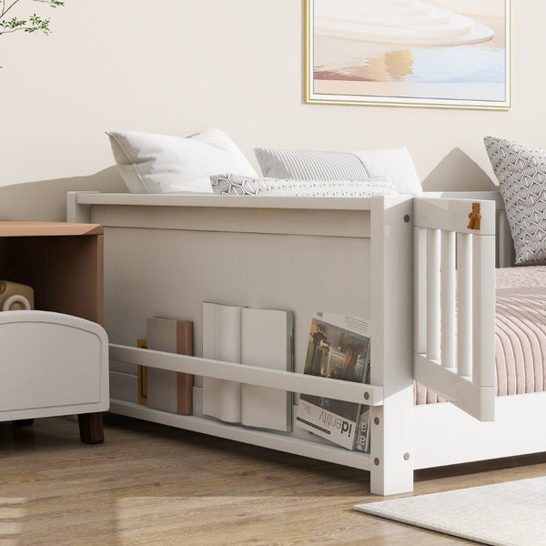 English Elm Twin Size Floor Bed With Integrated Book Rack & Cozy Nook For Imaginative Kids’ Bedrooms, White W504P345769-GIGA