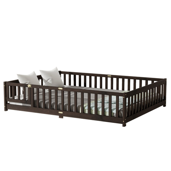 English Elm Queen Floor Bed with Safety Fence and Guardrails, Rubberwood Low Profile Platform for Kids Espresso W504P286390