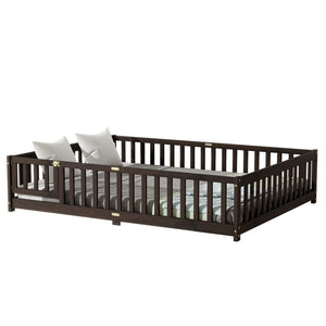 English Elm Queen Rubber Wood Floor Bed with Full Perimeter Safety Fence and Hinged Access Door Espresso W504P429342