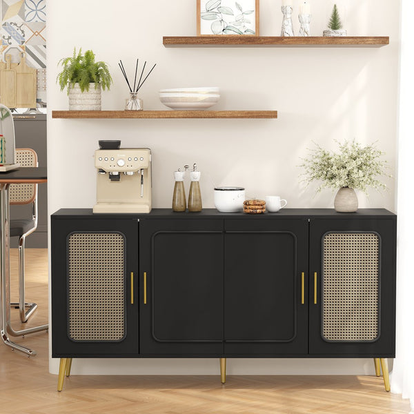 English Elm 59.84" Vintage Four-Door Cabinet with Plastic Rattan Panels, Black MDF Storage Console, Sturdy W757P203147
