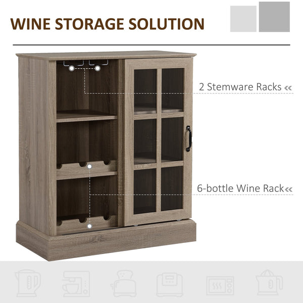 English Elm HOMCOM Rustic Wine Bar Cabinet with 6-Bottle Rack, Stemware Slots, Sliding Glass Door & Shelves W2225P217404
