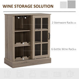 English Elm Homcom Wine Bar Cabinet, Small Sideboard Buffet Cabinet, Kitchen Storage Cabinet With 6-Bottle Wine Rack and Stemware Racks, Sliding Galss Door, Shelves