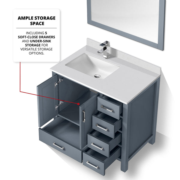 English Elm Dark Grey Bath Vanity Set With Left Offset Quartz Top, Chrome Faucet, And Matching 34” Mirror B2731S01262