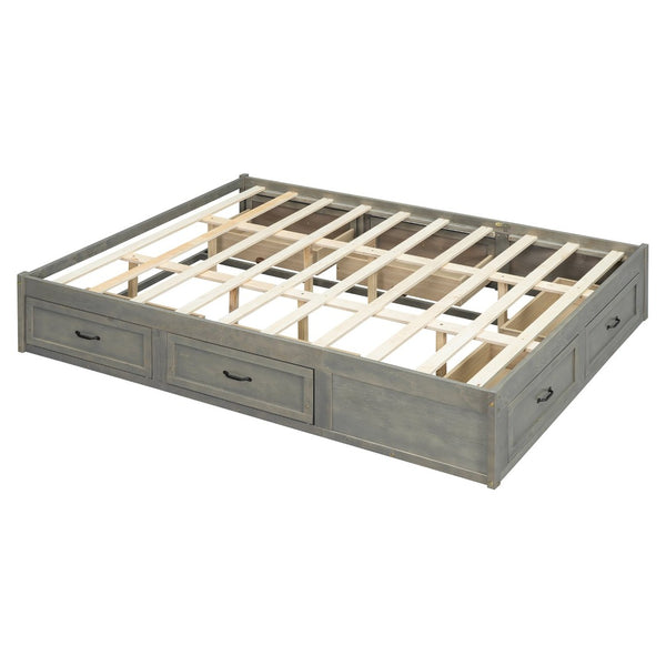 English Elm Queen Platform Bed with Six Storage Drawers Low Profile Frame for Modern Bedrooms Antique Gray N708P263022E