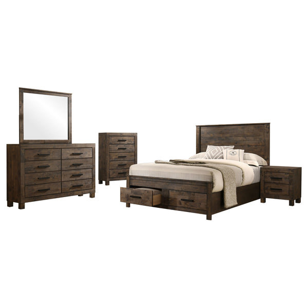 English Elm Greely Rustic Golden Brown 5-Piece Storage Bedroom Set — Eastern King Bed, Dresser, Chest, Nightstand, Mirror, Farmhouse Style B062S01004