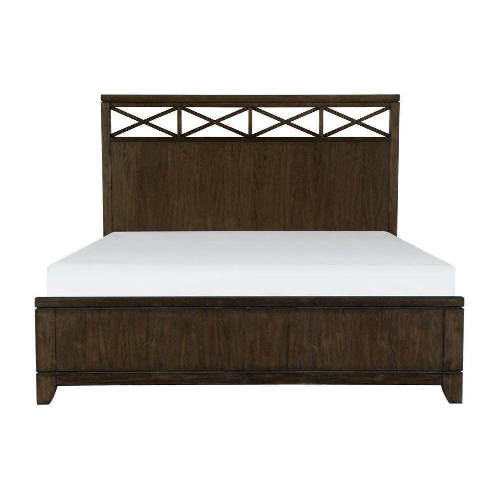 English Elm Contemporary Queen Panel Bed Ash Veneer Dark Brown X Frame Geometric Headboard B011S01124