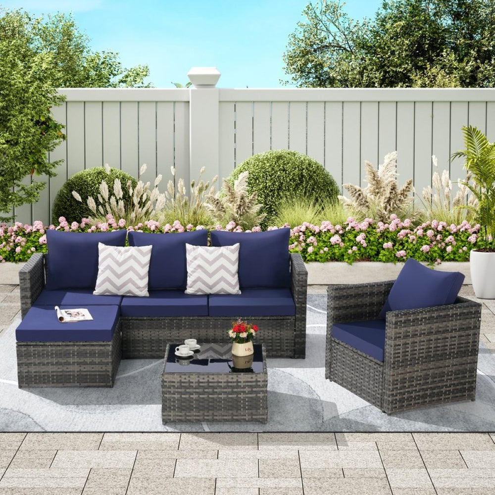 English Elm 3 Piece Outdoor Pe Rattan L-shaped Sectional Set with Ottoman and Tempered Glass Table Dark Blue W874S00054