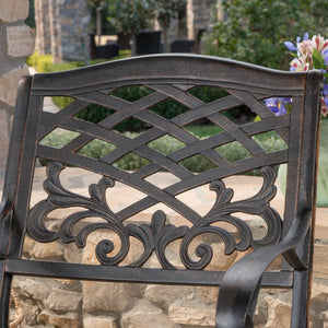 English Elm Phoenix Cast Aluminum Outdoor Dining Arm Chairs Ornate Lattice Scroll Garden Set Copper 54589.00SHNCOP