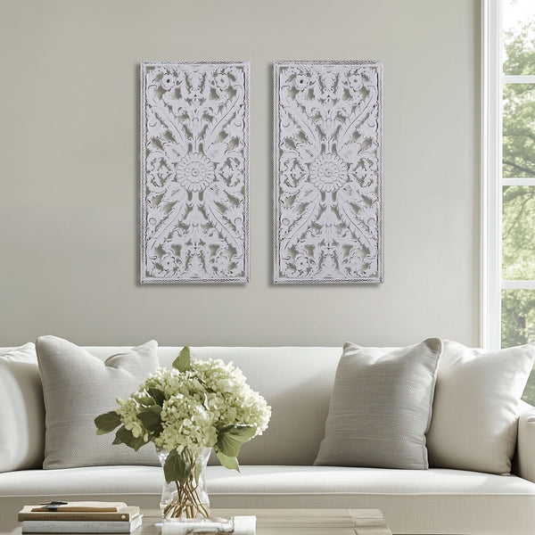 JLA Home Madison Park - Distressed Carved Wood Lotus Wall Art Set with Hand-Distressed Finish, Dimensional Botanical Panels for Home Decor White MP95B-0230