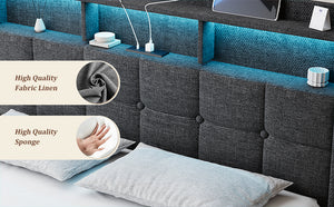 English Elm Queen LED Bed Frame with Linen Headboard, 2 Drawers, Fast Charging Ports, Remote RGB Nightlight W1550P190362
