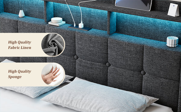 English Elm Queen LED Bed Frame with Linen Headboard, 2 Drawers, Fast Charging Ports, Remote RGB Nightlight W1550P190362