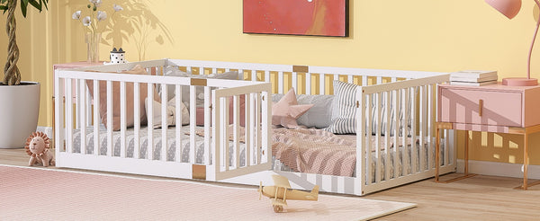 English Elm Twin House Frame Floor Bed Rubberwood with Roof Canopy and Safety Rails for Kids White W504P429538