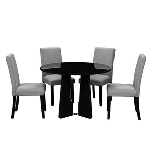 English Elm 5-Piece Round Dining Set with 43" Modern MDF Table and 4 Upholstered Fabric Chairs for Compact Spaces Grey+Black N752S001055B