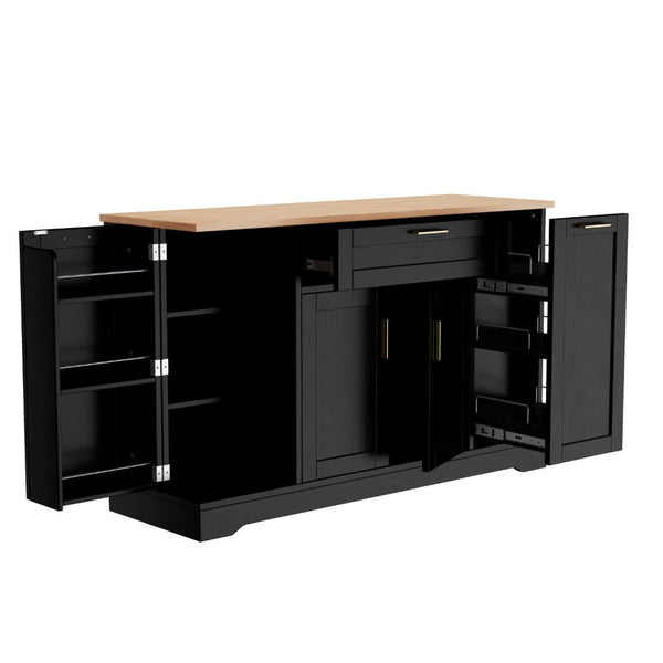 English Elm Trexm Multifunctional Sideboard with Pull Out Bottle Rack Adjustable Shelves Kitchen Storage Black XW000026AAB
