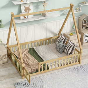 English Elm Full Size Rubber Wood Tent-Shaped Floor Bed With Guardrails & Door - Cozy, Modern Retreat For Kids W504P345788