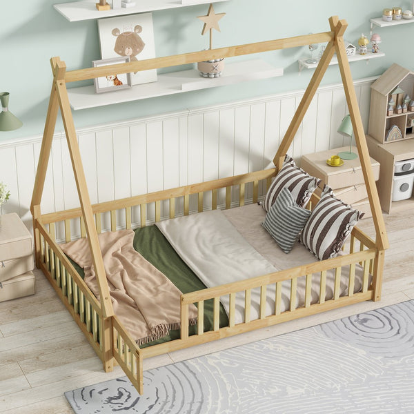 English Elm Full Size Rubber Wood Tent-Shaped Floor Bed With Guardrails & Door - Cozy, Modern Retreat For Kids W504P345788