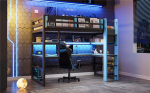 English Elm Twin Loft Bed with Rgb Lighting Usb Ports Wraparound Shelves and Gaming Desk Blue LT000298AAC