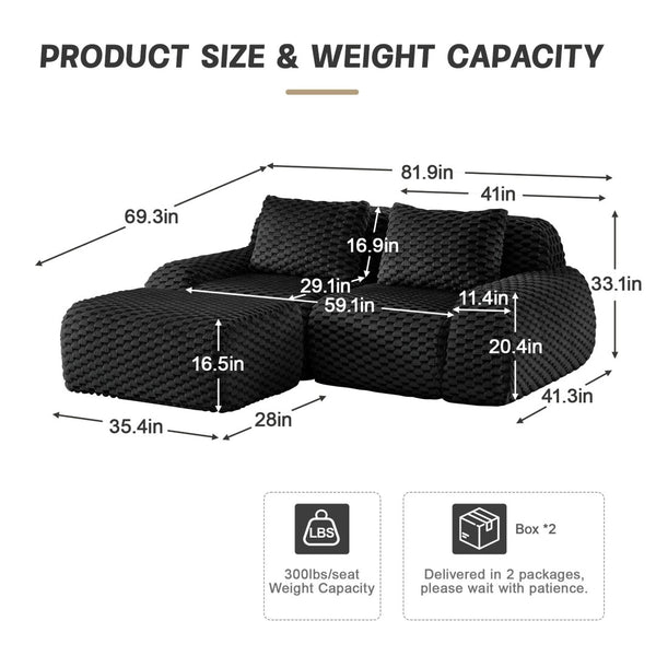 English Elm 82" Modular L-shaped Sectional Sofa Flannelette Upholstered with Movable Ottoman Living Room Black W714S01531