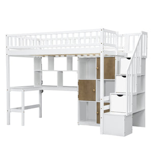 English Elm Wood Twin Loft Bed with Built-In L-Desk, LED Lighting, Staircase Storage, Shelves & Cabinets White N7090000470K
