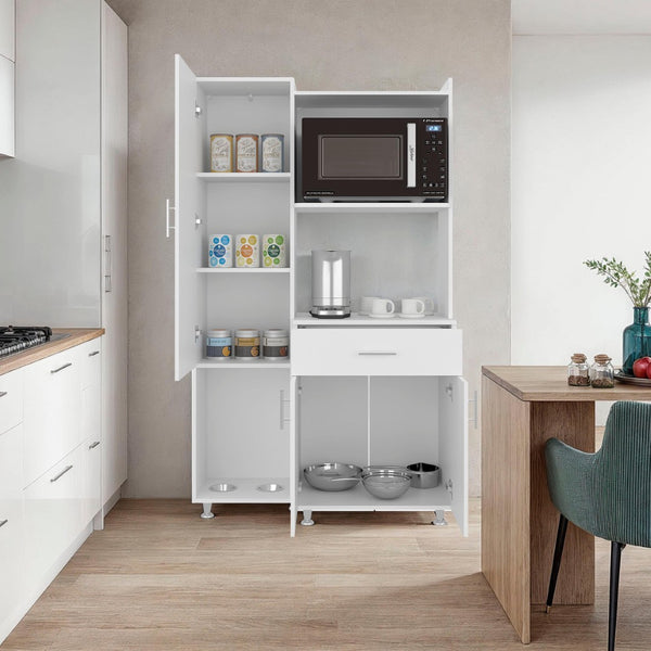 English Elm White Three Door Kitchen Storage Cabinet with Microwave Shelf Drawer and Pantry Space B062P483740