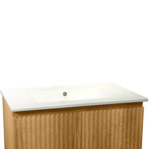 English Elm 30 Inch Floating Bathroom Vanity Fluted Wood Grain Front with Ceramic Integrated Sink Golden Oak W3520S00030