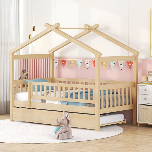 English Elm Twin House Bed with Trundle Solid Pine Frame Walnut Kids Bedroom Sleepover N708P357115N