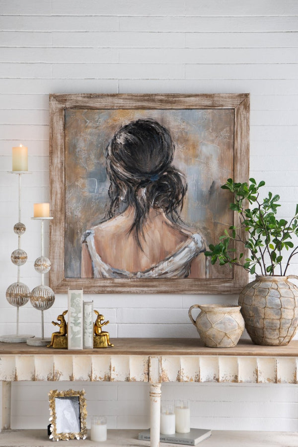 English Elm 39.4x39.4" Hand-painted Floral Canvas White Rose Art in Distressed Pine Frame W2078P481786
