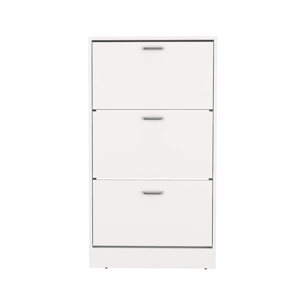 English Elm Inola Modern Pull-Down Shoe Rack — Slim 3-Compartment White Storage for 18 Pairs, Entryway-Friendly B200P361994