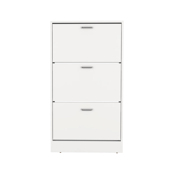 English Elm Inola Modern Pull-Down Shoe Rack — Slim 3-Compartment White Storage for 18 Pairs, Entryway-Friendly B200P361994