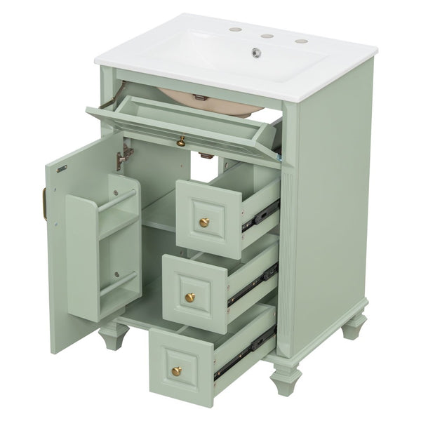 English Elm 24 Inch Freestanding Bathroom Vanity Solid Rubberwood Ceramic Sink Matte Finish Storage Green N725P375626G