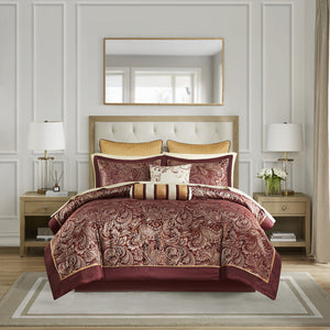 English Elm 12 Piece Comforter Set - Luxurious Burnt Red Jacquard With Cotton Sheets For California King Bed B035128828