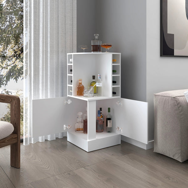 English Elm White Elegant Bar Cabinet with Bottle Rack, 3 Open Shelves for Drinks & Decor, Tall 42.6" Storage B062P290255