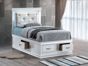English Elm Lorana Glam Twin Storage Bed with Led Lighting and Tufted Faux Leather Headboard White B078S00694