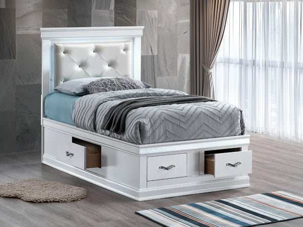 English Elm Lorana Glam Twin Storage Bed with Led Lighting and Tufted Faux Leather Headboard White B078S00694