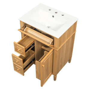 English Elm 24" Solid Pine Bathroom Vanity Cabinet with Ceramic Sink Soft Close Drawers N725P375500N