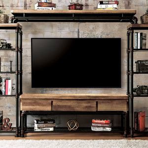 English Elm Industrial 60" TV Console with Pipe Frame, Wire Mesh Shelves, Drawer & Rustic Wood Storage Finish B2741S00473