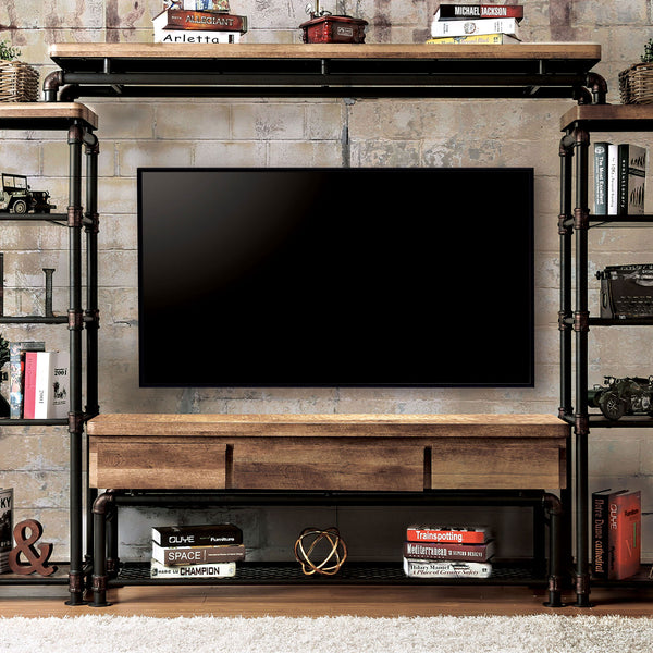 English Elm Industrial 60" TV Console with Pipe Frame, Wire Mesh Shelves, Drawer & Rustic Wood Storage Finish B2741S00473