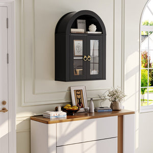 English Elm Wall Mounted Arched Cabinet Tempered Glass Doors Led Lighting Adjustable Shelves Bathroom Black T3210P471555