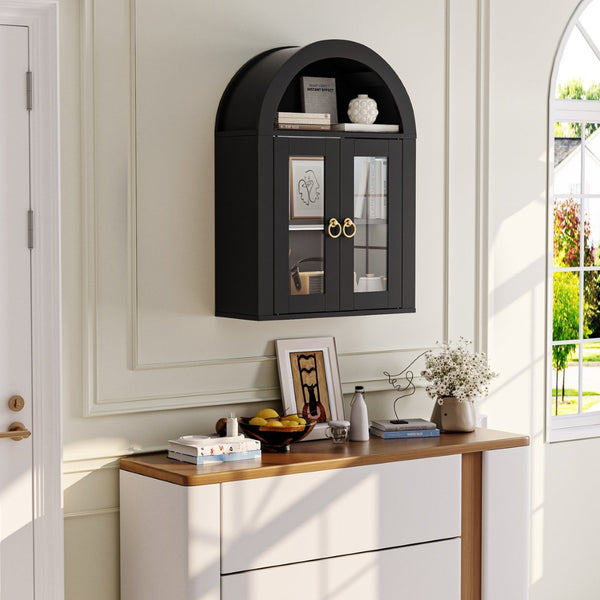 English Elm Wall Mounted Arched Cabinet Tempered Glass Doors Led Lighting Adjustable Shelves Bathroom Black T3210P471555