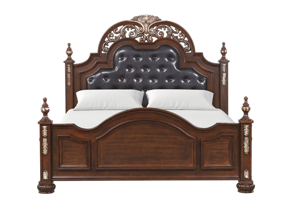 English Elm Lyon Queen Bed In Rich Cherry Finish – Elegant Button Tufting & Hand-Carved Gold Accents For Luxury B078S00602