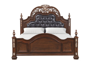 English Elm Lyon Queen Bed In Rich Cherry Finish – Elegant Button Tufting & Hand-Carved Gold Accents For Luxury B078S00602