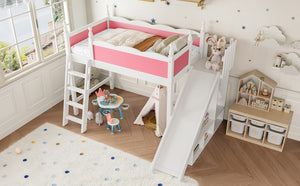 English Elm Twin Loft Bed Solid Pine Frame with Wardrobe Shelving Detachable Slide Kids Room Pink+White W5305S00016