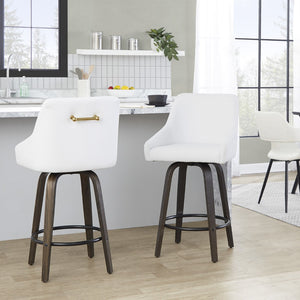 English Elm 26" Swivel Counter Stools Walnut Bentwood Gold Accents White Faux Leather Set of 2 B202S01835