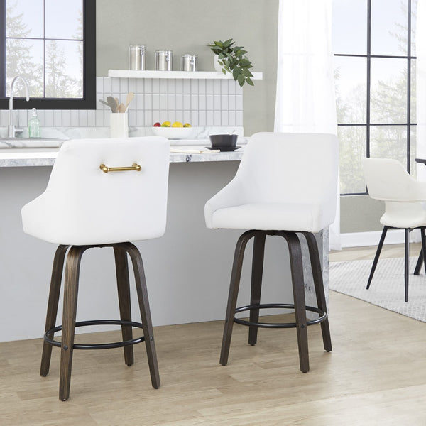 English Elm 26" Swivel Counter Stools Walnut Bentwood Gold Accents White Faux Leather Set of 2 B202S01835