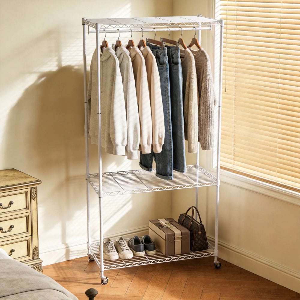 English Elm Rolling Garment Rack Heavy Duty Iron Frame Freestanding Closet Organizer with Shelves White W3895P460465
