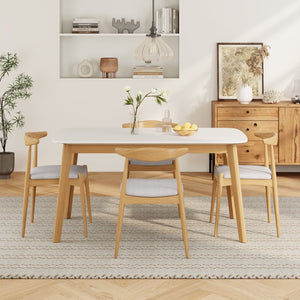 English Elm 5-piece Mid-century Modern Dining Set Rubberwood Table Splayed Legs Cushioned Chairs Beige,White+Oak N759S002002B